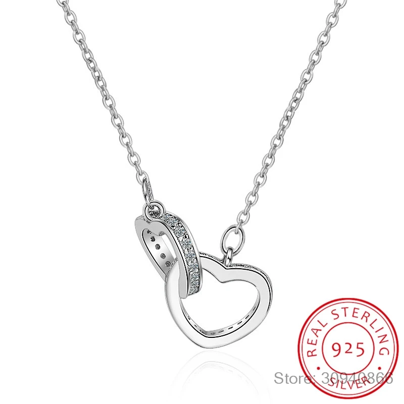 

925 Sterling Silver Double Heart Circle CZ Zirconia Pendants Necklaces For Women Gift kolye choker Chain collares S-N69