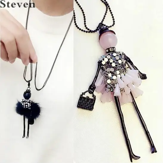 

News Handmade Dress Crystal Piece Sequins Girl Doll Pendants Long Necklace Sweater Chain Collier Women Accessories Wholesale