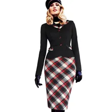Womens 2016 Fall Fashion Colorblock Tartan Lapel Peplum Long Sleeve Wear to Work Business Party Sheath