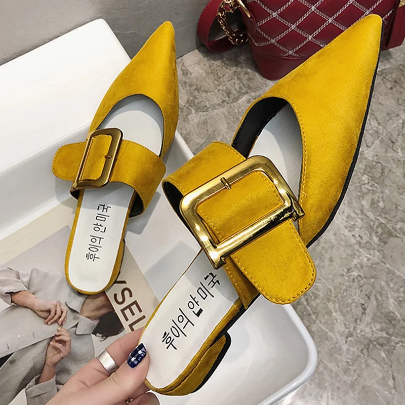 

2019 Sexy Mules Shoes Woman Slippers Outdoor Buckle Flats Ladies Slippers Women Shoes Black Pointed Toe Woman Slides