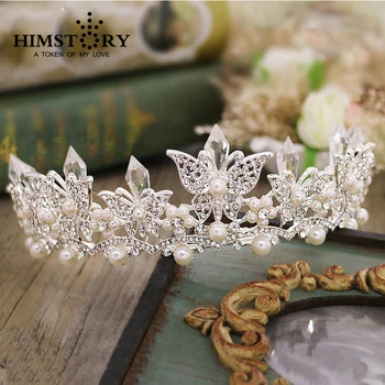 

Elagance Pearl White Butterfly Clear Crystal Hair Crown Wedding Bridal Hair Ornaments Tiara Quinceanara Headdress Hair Accessory