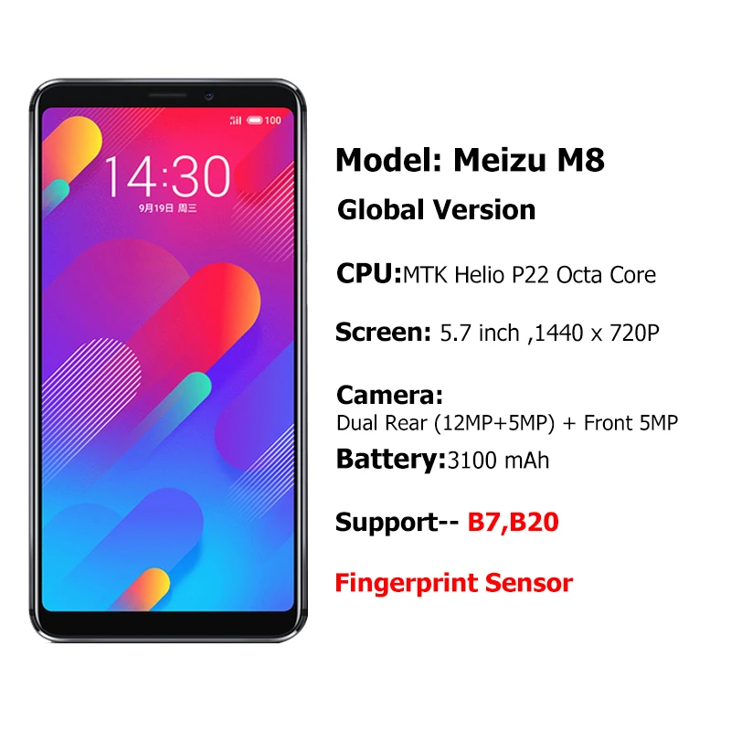 Meizu M8, 4 ГБ, 64 ГБ, мобильный телефон V8, четыре ядра, полноэкранный смартфон, 12 МП, двойная камера заднего вида, 3100 мАч, отпечаток пальца