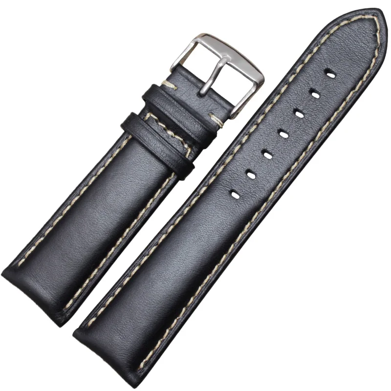 Elegant Genuine Leather Watch Band Strap – Black & Dark Brown with Polished Buckle