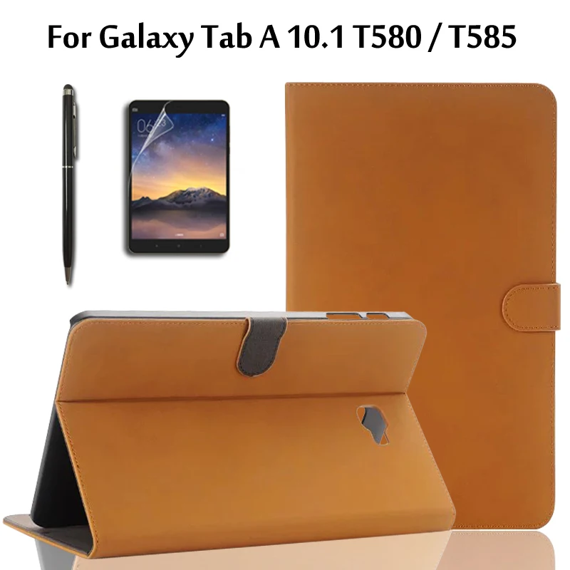 

For Samsung Galaxy Tab A 10.1 T580 T585 SM-T580 SM-T585 Tablet Retro Matte PU Leather Cover Shell Case with Stand + Film +Stylus