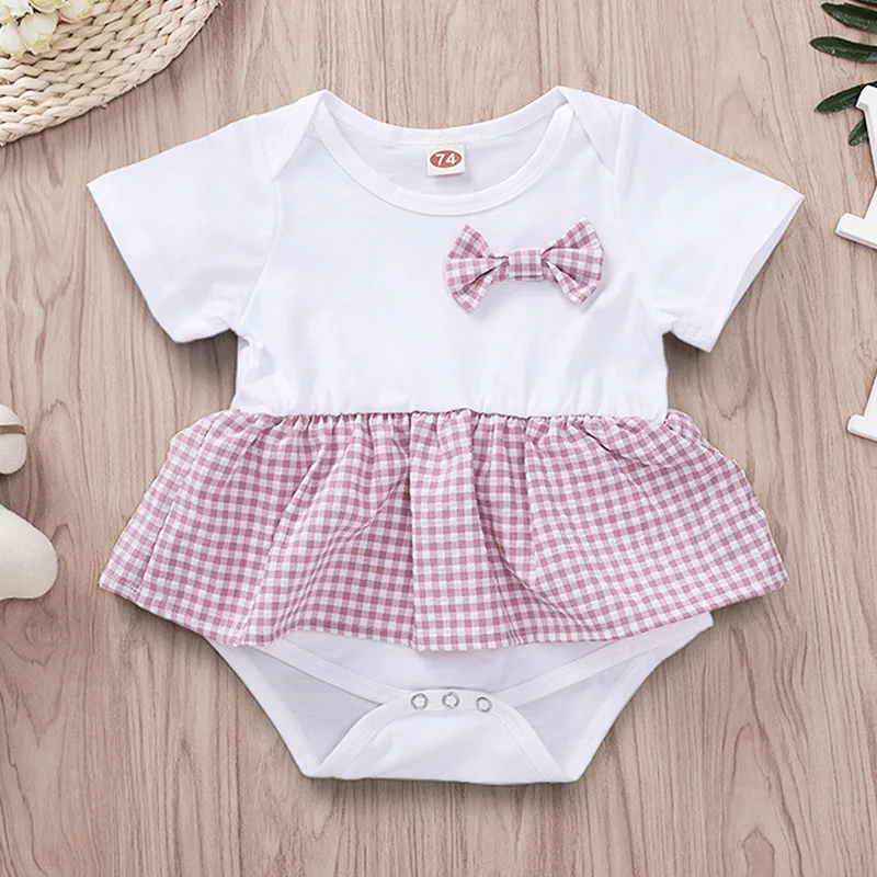 

Baby Girl Clothes 2019 Newborn Bodysuits Summer Short Sleeve White Onesies In Baby Pink Plaid Bow Baby Girl One Piece
