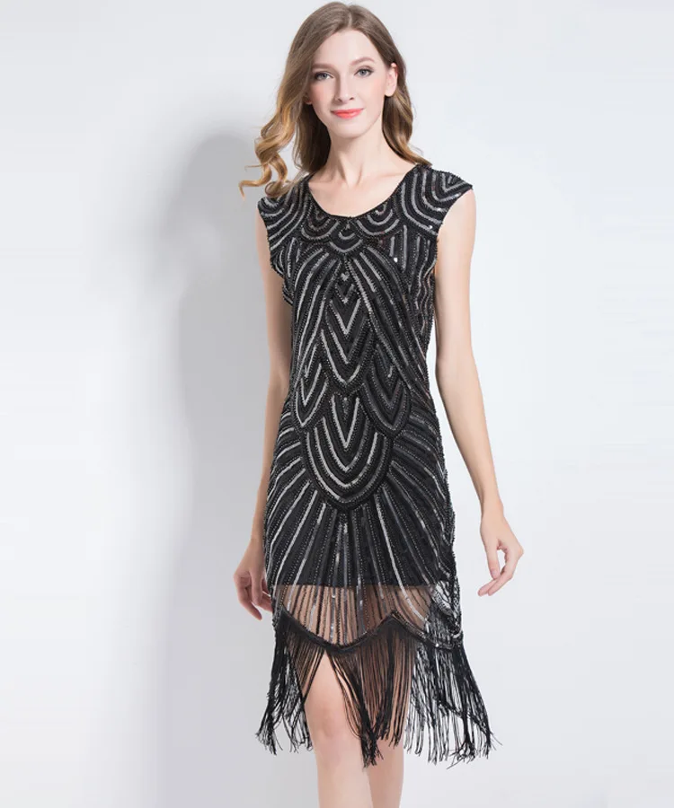 Women's Flapper Dresses 1920s V Neck Sequin Beaded Tassel Fringed Great