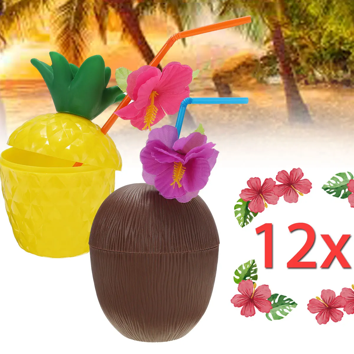 

Hawaiian Beach Drink Cup with Straw Decoration Drinking Straw Plastic Coconut Pineapple for Party Birthday Decorations
