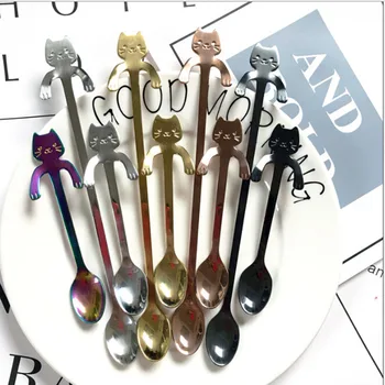 

1Pc Stainless Steel Cartoon Cat spoons Creative Ice Cream Dessert Long Handle Coffee&Tea Spoon Tableware Kitchen Tool 5 Colors