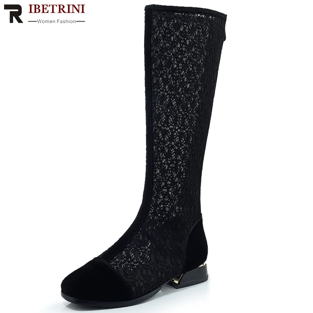 

RIBETRINI New Arrivals 2019 Large Size 33-42 Square Heels Mesh Boots Woman Shoes Zipper Black Casual Shoes Woman Boots
