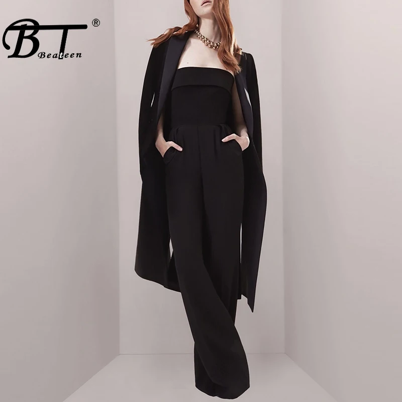 

Beateen 2019 New Woman Fashion Two-Piece Set Tube Full Length Flare Pants Jumpsuit With Pocket Black Belt Coat