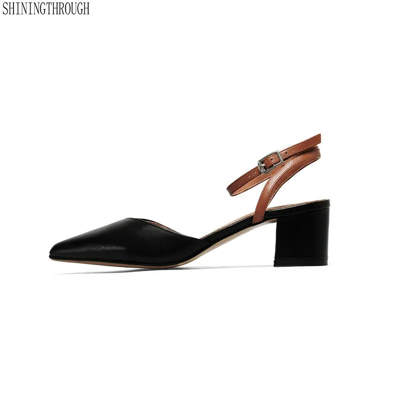 

New genuine leather women 5cm high heels sandals poined toe summer dress shoes woman ankle strap ladies sandals