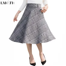 Lxmth Корейская элегантная шерстяная юбка женская миди юбка Осень Зима Новая линия тонкая высокая талия клетчатая длинная Плиссированная юбка