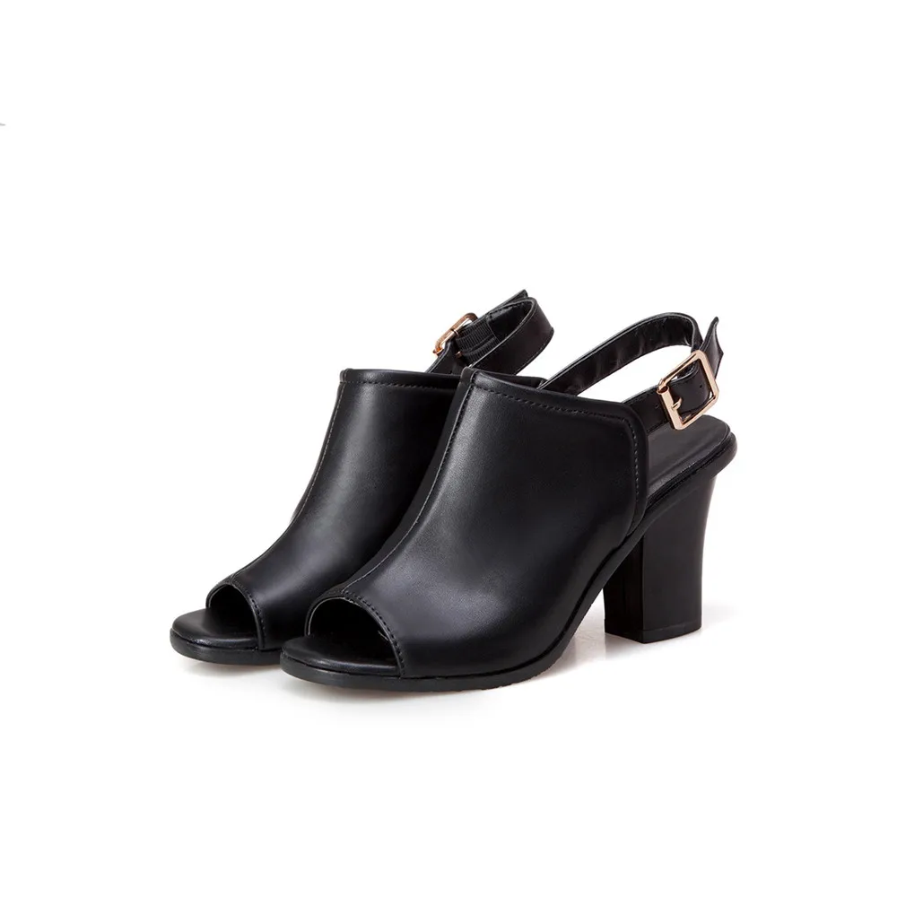 ASUMER/ г.; Новое поступление; модная летняя обувь; женские босоножки на толстом каблуке с открытым носком и пряжкой; большие размеры 33-43; цвет черный, коричневый, белый - Цвет: Черный