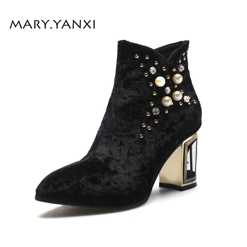 

Spring/Autumn Women Shoes Ankle Boots Flock Genuine Leather Insole Solid Crystal Fretwork High Heels Fashion Round Toe Zip