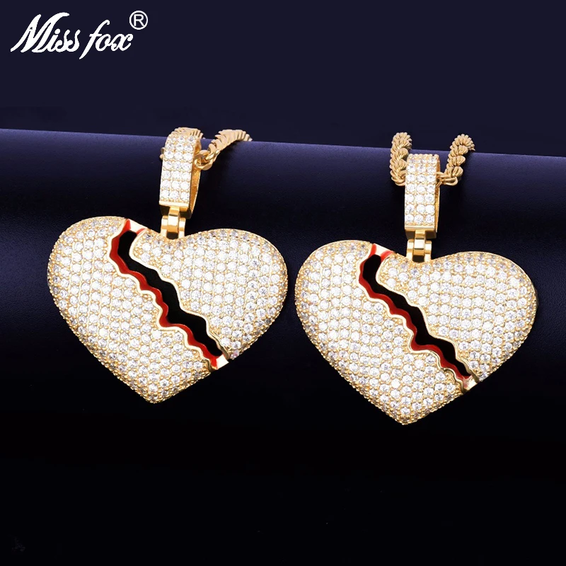 

Missfox Broken Love Couple Pendants Necklace Men Gold Lab Diamond Trendy Copper Jewelry Hip Hop Fashion Top Quality Hot Selling
