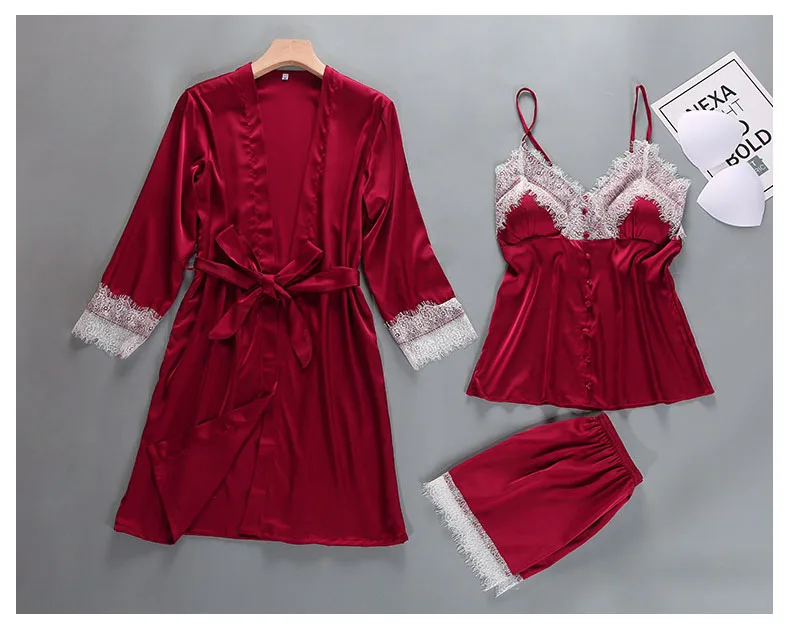 Queenral 3PCS Pajama Sets Women's Sleep Lounge Sleepwear Spring Sexy V-neck Nightwear Satin Silk Long Sleeve Home Wear Female   78