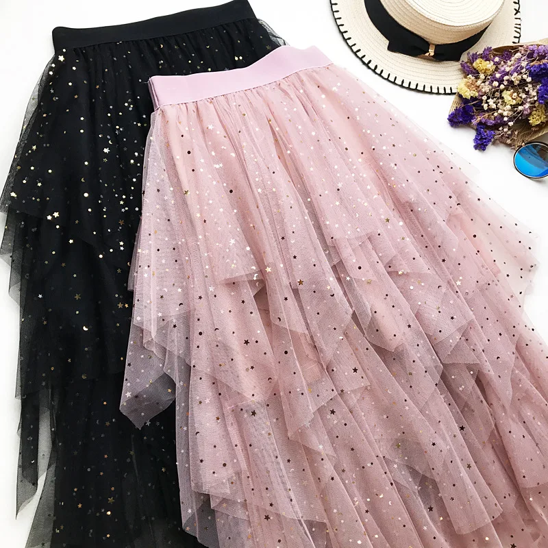Для женщин юбки для 2019 корейский Harajuku Star Bronzing дизайн нерегулярные длинная юбка из фатина сезон: весна-лето Pettiskirt Faldas Largas Mujer