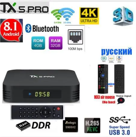 TX5 max PRO DDR3, 4 Гб ОЗУ, 32 Гб ПЗУ, 2,4 ГБ, 5 ГБ, WiFi, 100 м, LAN, Bluetooth, Android 8,1, ТВ-приставка Amlogic S905X2, четырехъядерный, 4 K, смарт-бокс - Цвет: TX5 PRO MX3 VOICE