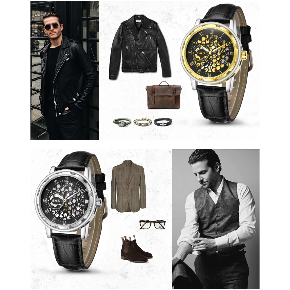 SAS Роскошные брендовые золотые часы с кожаным ремешком, женские механические часы с скелетом, женские наручные часы montre femme