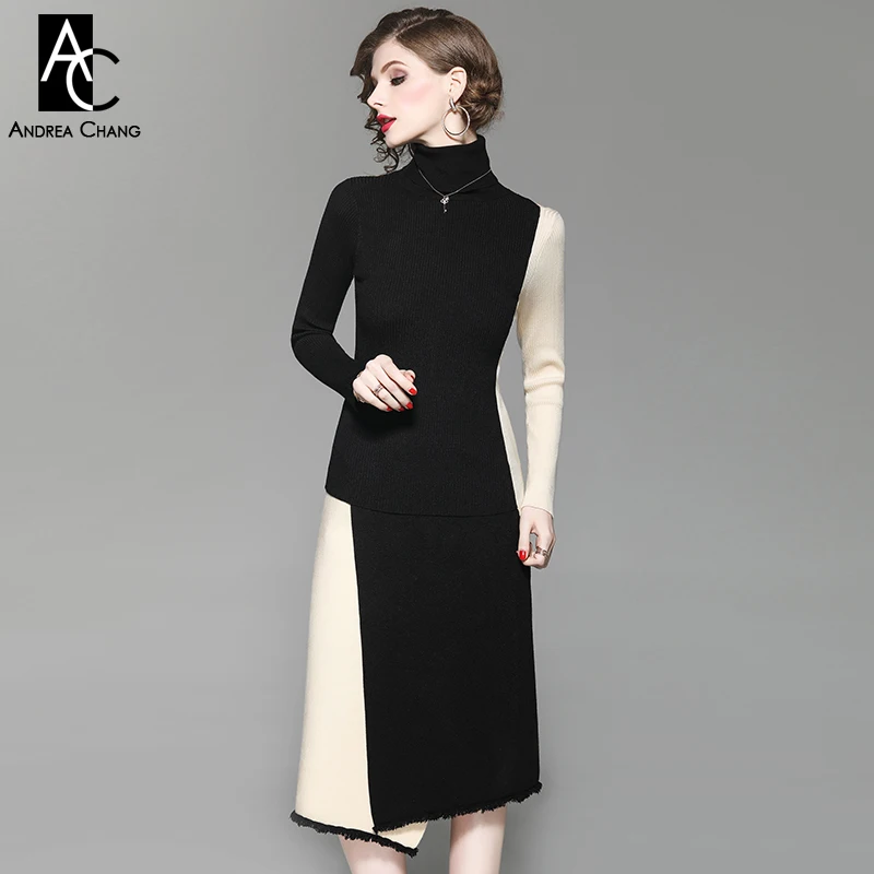 

autumn winter woman clothing set hollow out shoulder turtleneck black beige patchwork sweater + over knee calf length skirt set