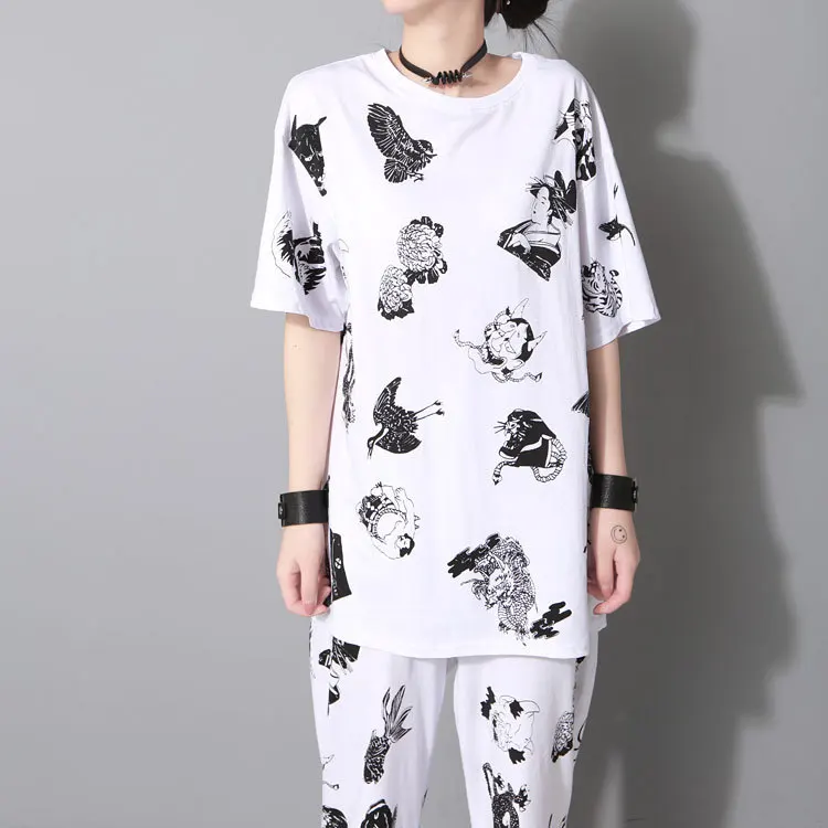 Women Men Summer 2 Piece Set (tshirt+pant) Female Streetwear Hip Hop Loose Casual Print Short Sleeve T Shirt Straight Trousers
