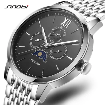 

2019 Sinobi Luxury Men Watches Male Full Steel Leather Strap Wristwatch Moon Phase Week Quartz Business Casual Waterproof Watch