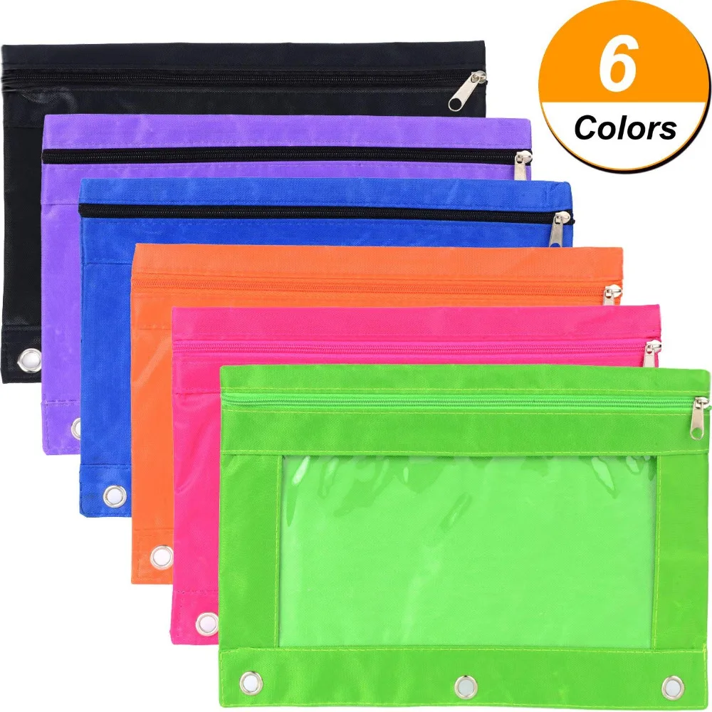 

XRHYY 6 Pieces Ring Binder Pouch Pencil Bag with Holes 3-Ring Zipper Pouches with Clear Window (6 Colors)