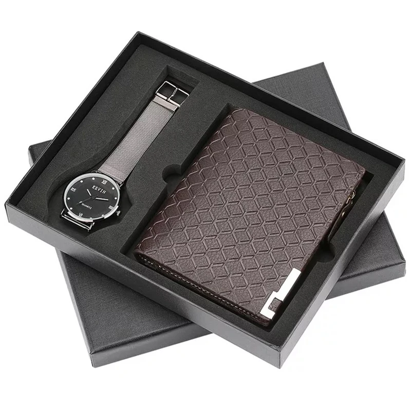 

Men Watches 2Pcs Sets Mesh Band Quartz Wrist Watch with Leather Wallet Gift Set for Men's Boyfriend Dad Father's Day Gifts
