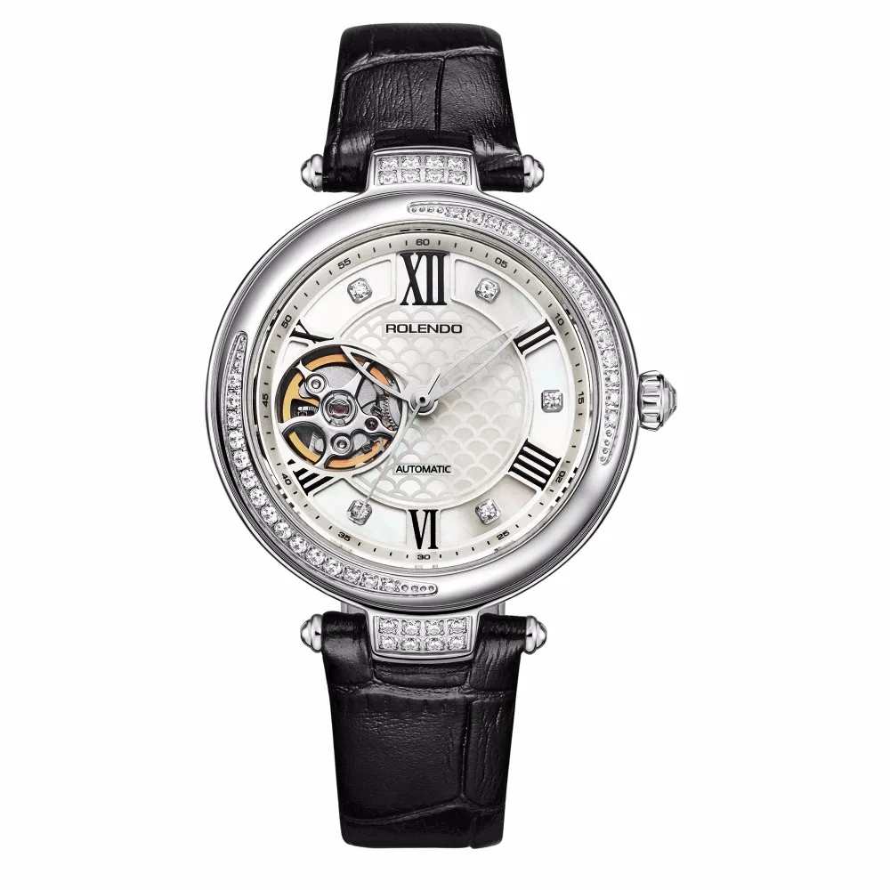 

Rolendo 2018 Top Brand Luxury Hot Sale Skeleton Automatic Ladies Watch Steel Material Leather Watchband Women Mechanical Watches