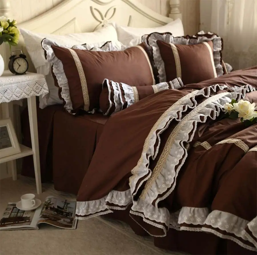 cheap Luxury pure coffee lace ruffle bed set,twin full king queen,princess home textiles cotton bed dress pillow case comforter cover