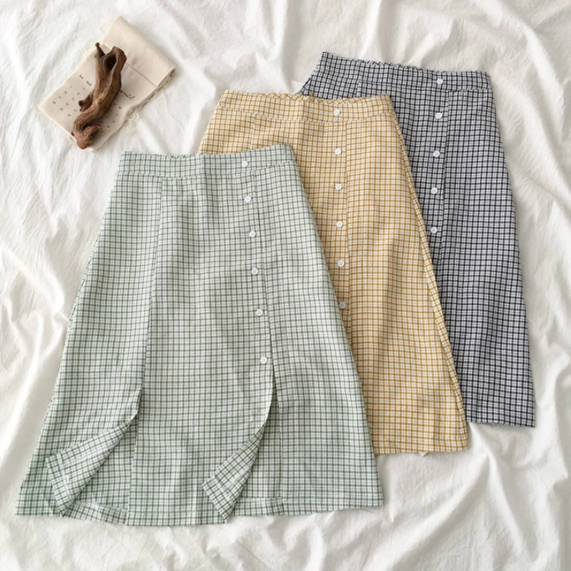

Women's Summer Plaid Midi Skirt Single-breasted Buttons Front Split A-line Check Printed Knee Skirts Yellow Green Plaid Skirts