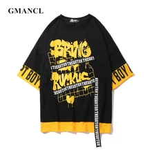 Летняя уличная одежда, поддельные две части, мужские футболки с буквенным принтом и лентой, короткий рукав, хип-хоп Harajuku, мужская повседневная футболка больших размеров