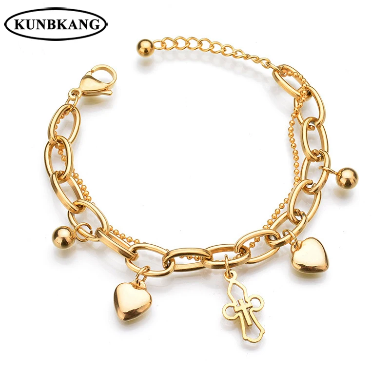 

New Fashion Gold Color Cross Bracelets Bangles For Women Stainless Steel Beads Bracelet Love Heart Religious Female Jewelry Gift