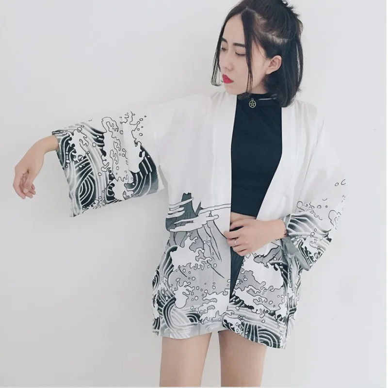 2017 стильная блузка Винтаж Дракон Лето волны печатных шифон кимоно солнце кардиган Защита от Солнца блузка Женская одежда