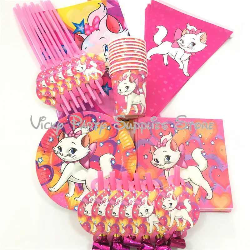 

67pcs/lot Marie Cat Disposable Tableware Set Cartoon Pink Cat The Aristocats Birthday Baby Shower Cup Plate Decoration Supplies