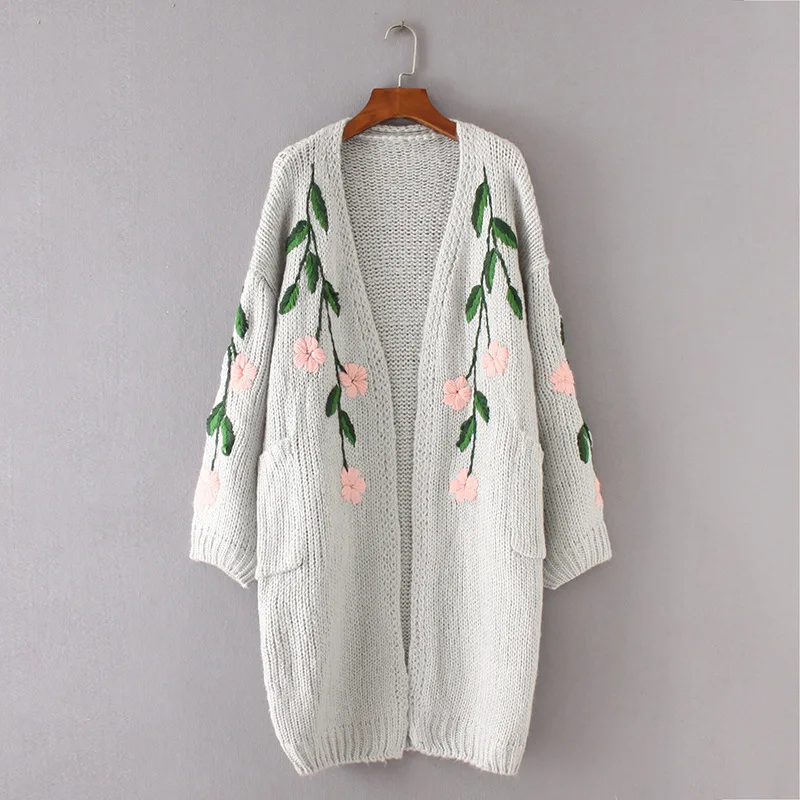 Autumn Fashion Knitwear Women Long Sweater Cardigan Double Pockets Pink