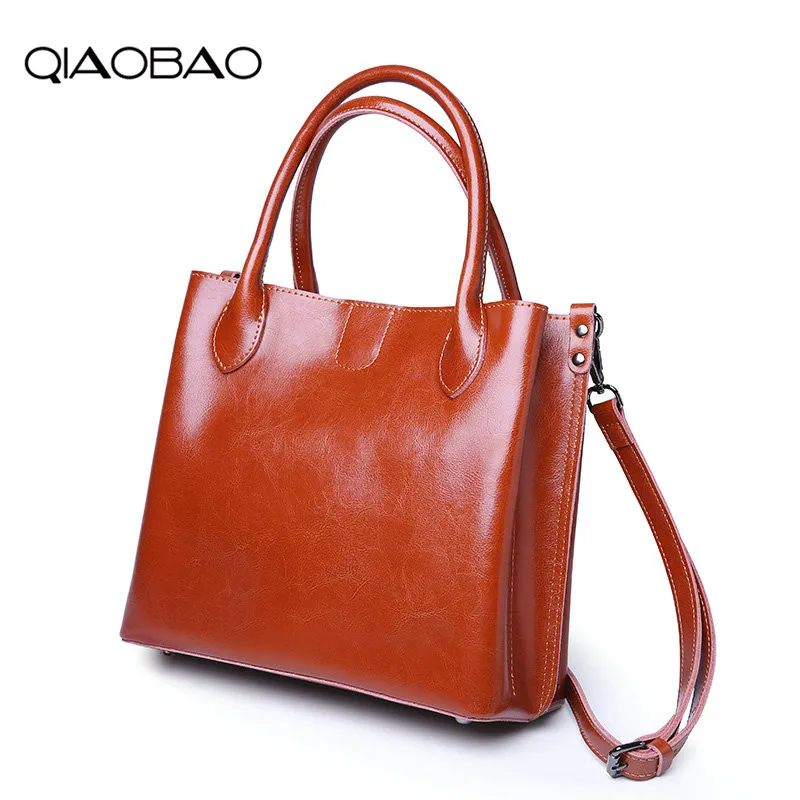 

QIAOBAO 100% Genuine Leather Women's Tote Cowhide Shoulder Luxury Handbags Women Bags Designer Messenger Black Brown