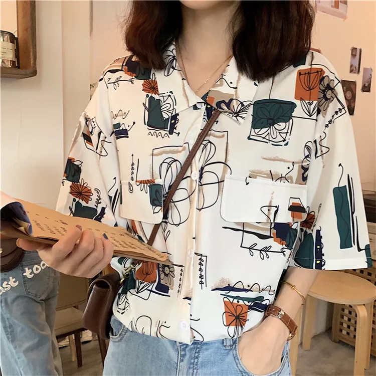 Women Shirt New Summer Loose Casual Blouse Female Short Sleeve Shirt Flower Print Women Tops XZ426 - Цвет: as picture