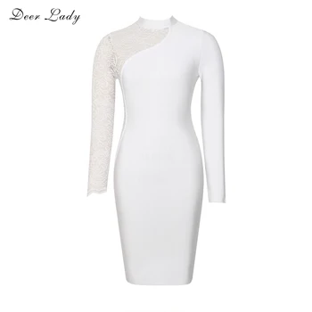 

Deer Lady 2017 New Fashion Bandage Dress Rayon Long Sleeve Women Lace Sleeve Dress Casual Party Short White Mini Dress Bodycon