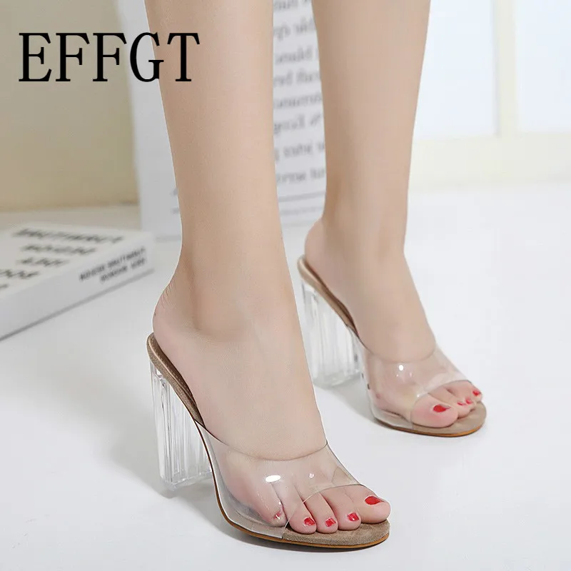 

EFFGT 2019 New Women Sandals PVC Crystal mid Heel Transparent slipper Sexy Clear High Heels Summer Slipper Pumps Size 35-40 A117
