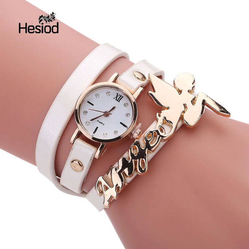 

Hesiod Solid Color Small Round Dial Leather Band Gold Angel Bracelet Watch for Teenagers Girls Women