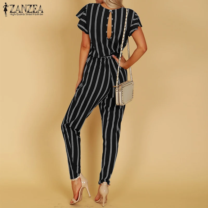 ZANZEA 2019 أنيقة ثوب فضفاض المرأة بذلة الإناث سروال مخطط مكتب السيدات داخلية V الرقبة مربوط الصيف بنطلون زائد حجم ZANZEA 2019 أنيقة ثوب فضفاض المرأة بذلة الإناث سروال مخطط مكتب السيدات داخلية V الرقبة مربوط الصيف بنطلون زائد حجم
