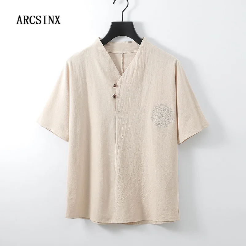 

ARCSINX Linen T Shirt Men 5XL 6XL 7XL 8XL 9XL Casual Summer Men's Cotton T-Shirt Short Sleeve Plus Size Tee Shirt Homme Brand