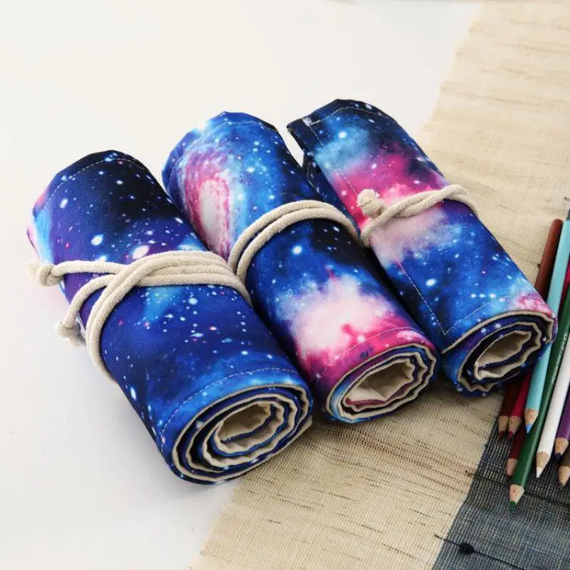 

36/48/72holes Galaxy Environmental Canvas Pen Bag Curtain Student Stationery Roll Pencil Bag Pencil Pouch School Supplies