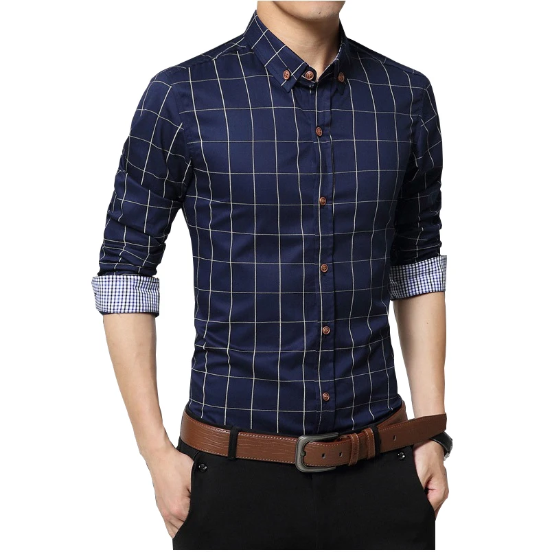 Плюс Размеры M-5XL Мужская Мода Костюмы Темно-синие плед Рубашки домашние муж. с длинным рукавом Бизнес Формальные Рубашки для мальчиков