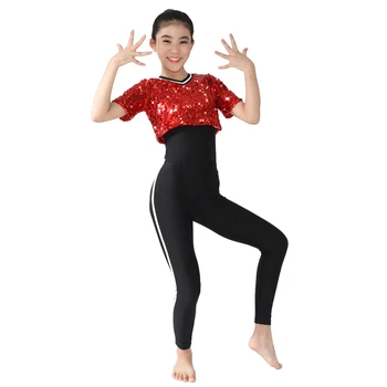

MiDee Cheerful Hip Hop Costumes 3 Pieces Outfits Sequins Tank Top Short Sleeves Leotard and Tights Performance Outfit For Girls