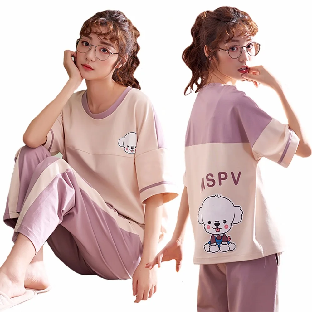 

Spring Summer Women Comfortable Cotton Pajama Set Girl Printing Pyjama Set Short Sleeve Sleepwear Big Size M-XXL Pajamas Set