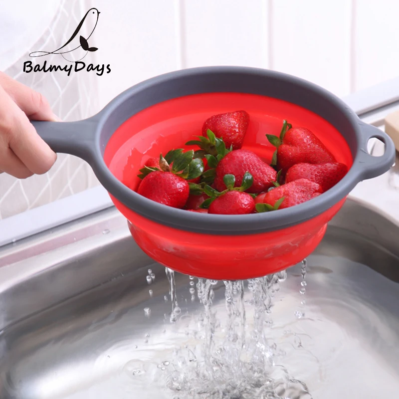 

Kitchen Gadgets Foldable Silicone Colander Collapsible Fruit Vegetable Washing Basket Strainer Long Handle Folding Filter Basket