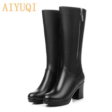 AIYUQI/2019 г. женские зимние ботинки. Сапоги из натуральной кожи, женские высокие сапоги на высоком каблуке, теплые зимние сапоги с подкладкой, модная женская обувь