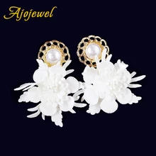 

Ajojewel Handmade Big Simulated Pearl White Leather Flower Earrings Costume Jewelry Women Accessories Gifts Bijoux